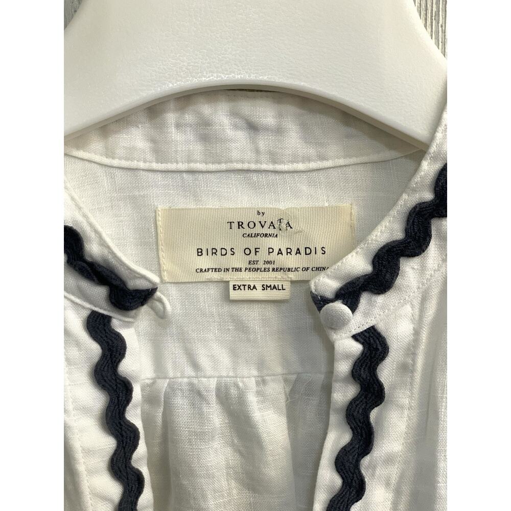 Trovata Birds Of Paradis Bailey Shirt Linen V-Neck White Blue Trim XS - Picture 4 of 7